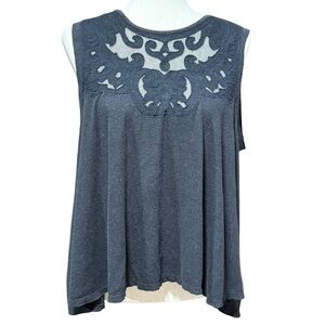 Free People Linen Blend Lace Flowy Tank Top Size Small Black Boho Floral Summer